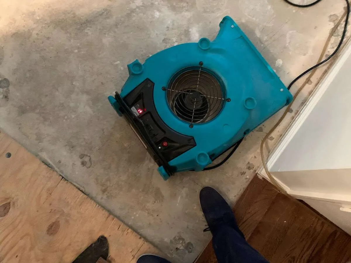 Air mover drying subfloor during Leak Detection & Repair in Westphalia
